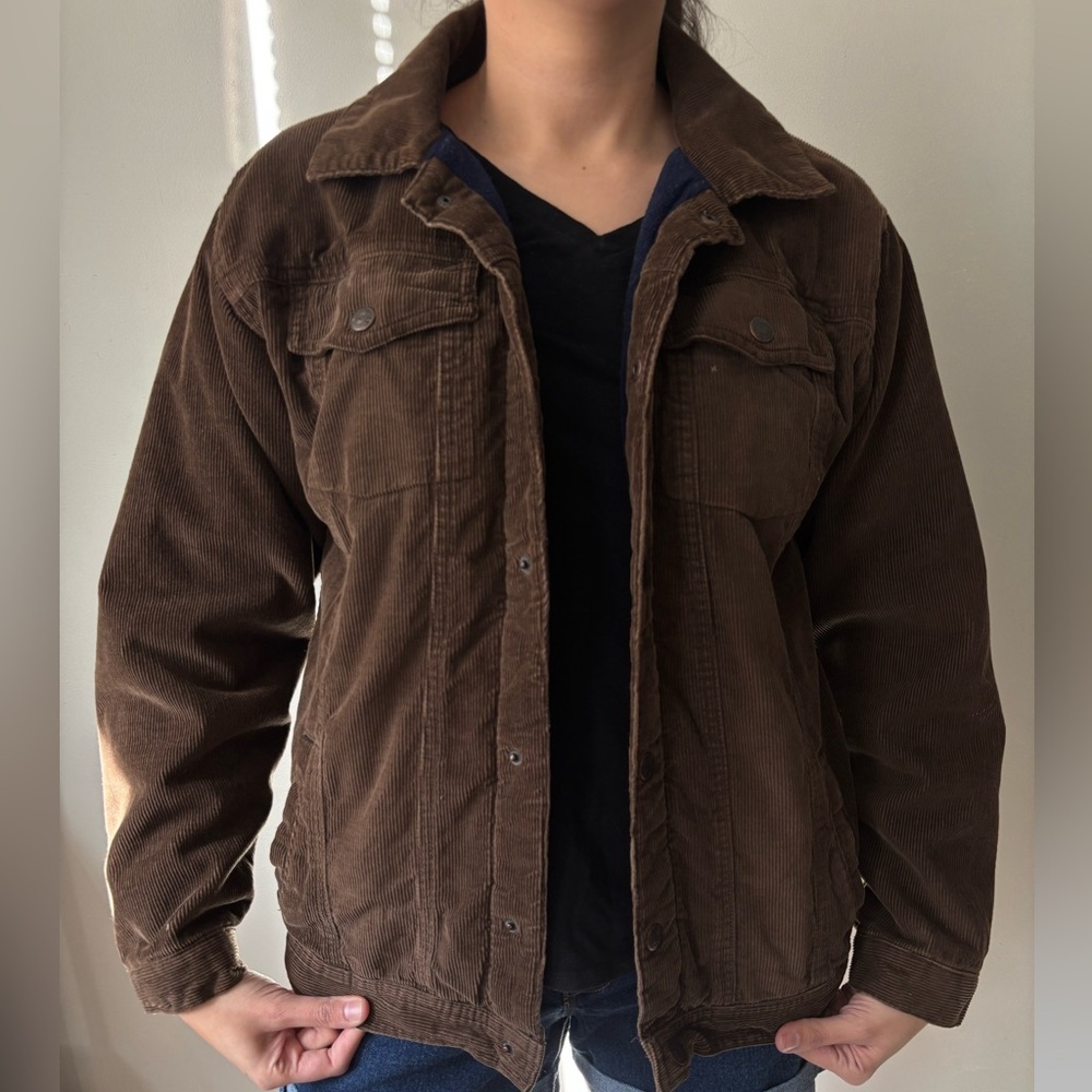 Vintage Boho Brown Corduroy Preppy Button Up Inner Fleece Winter Jacket - Medium - Picture 1 of 9
